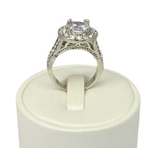 Crystal Halo Ring Sz 8.5 Silver Rhodium Plated Cathedral Fashion Bling